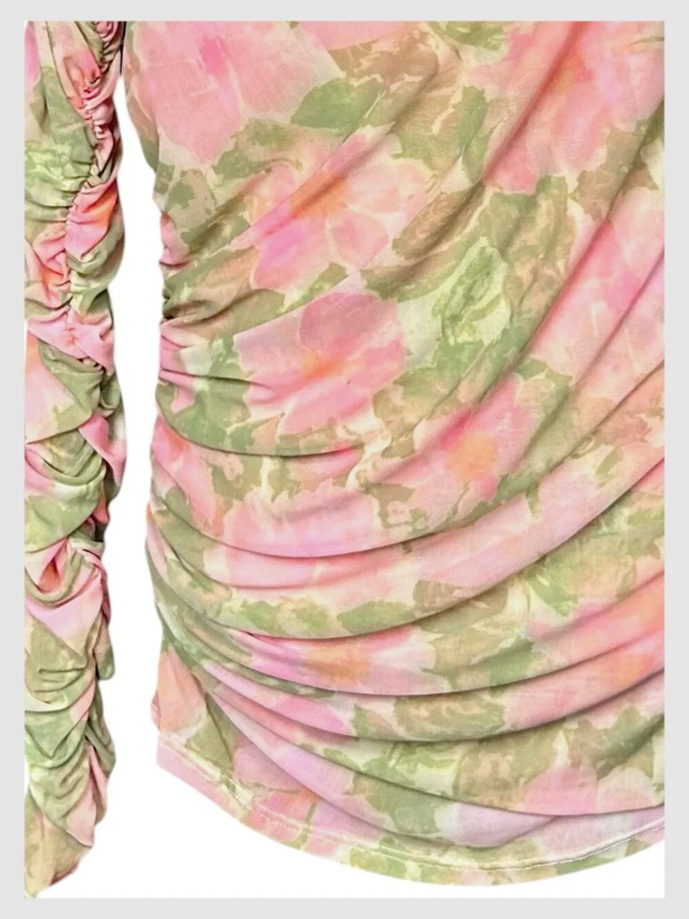 Free People Priya Blouse Pink Floral Mesh Ruched Off Shoulder L